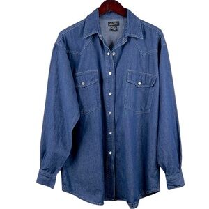 Cherrylane Long Sleeve Denim Western Jean Shirt with opaque pearl snaps M
